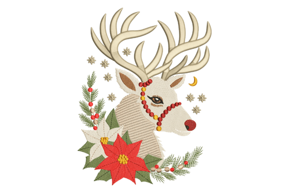 Reindeer Head with Poinsettia: A Holiday Embroidery Masterpiece